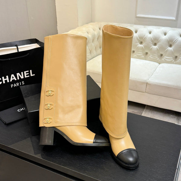 CC 26s Chunky Heel Trouser Boots Black Beige Sheepskin 673037