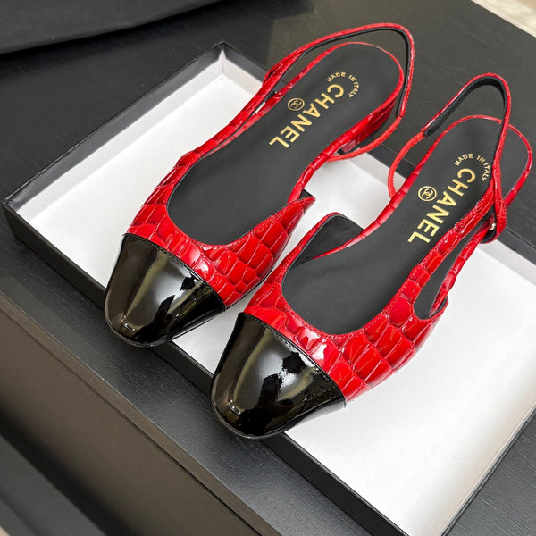 CC 26s Classic Slingback Flat Black Red Crocodile Embossed Patent Leather 907634