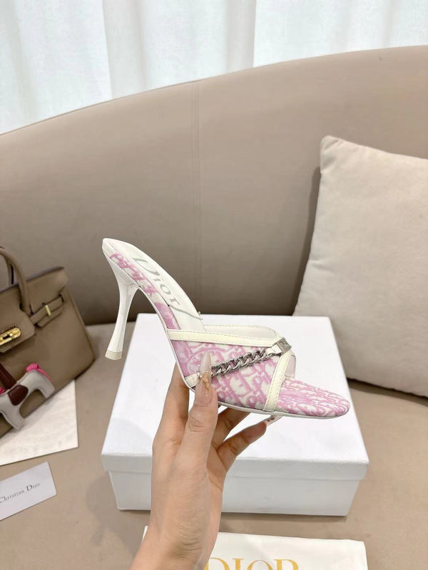 CD 26s Open Toe Mules 8.5cm Pink Oblique Canvas Chain Leather 116941
