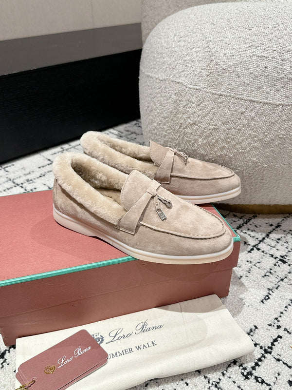 LP Summer Charms Walk Loafers In Light Brown Beige Suede With Rabbit Fur Lining 985651