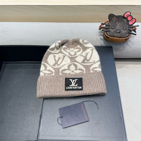 KNITTED BEANIE HAT IN BROWN MIX BEIGE WOOL AND RABBIT FUR 426244