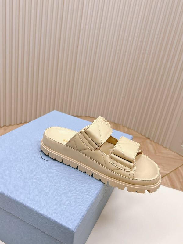 Pra Double Strap Quilted Slide 20 Beige Calfskin