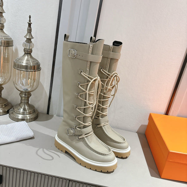 HM Lace Up Boots 25mm Belt Buckle Pale Khaki Leather 466588
