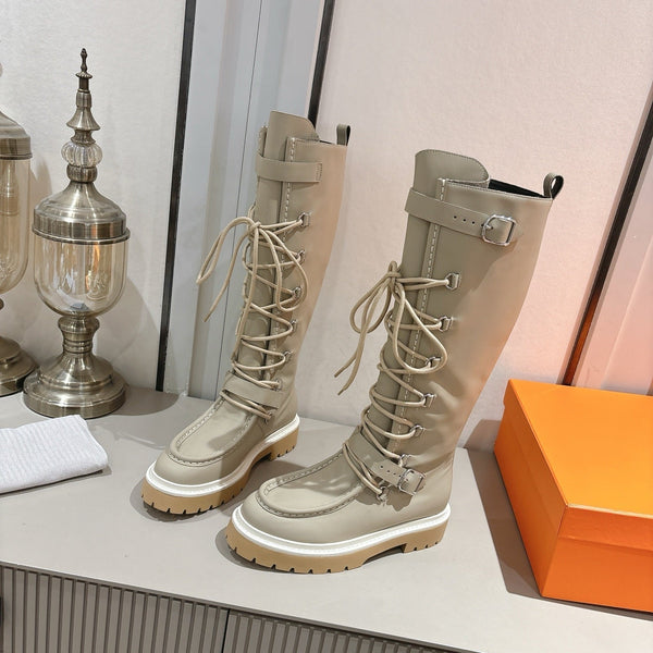 HM Lace Up Boots 25mm Belt Buckle Pale Khaki Leather 466588