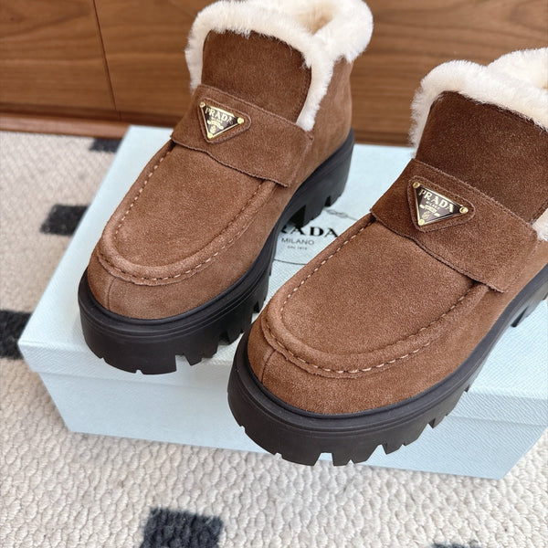 Prada Shearling Ankle Boots Brown Suede Fur 118344