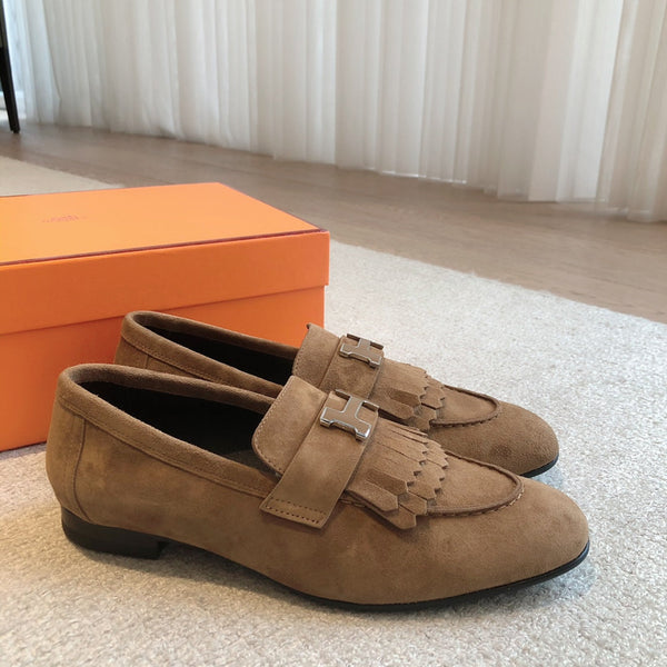 Royal Loafer Brown Suede Calfskin With Fringe Detail And Brown Silver Signature Buckle 509433