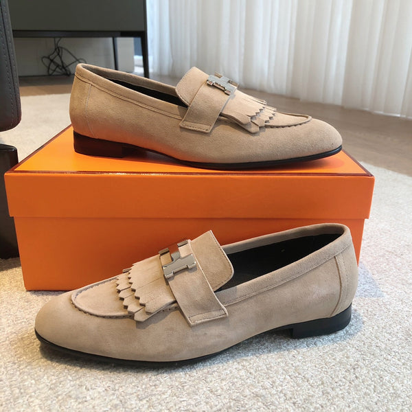 Royal Loafer Beige Suede Calfskin With Fringe Detail And Silver Signature Buckle 509436