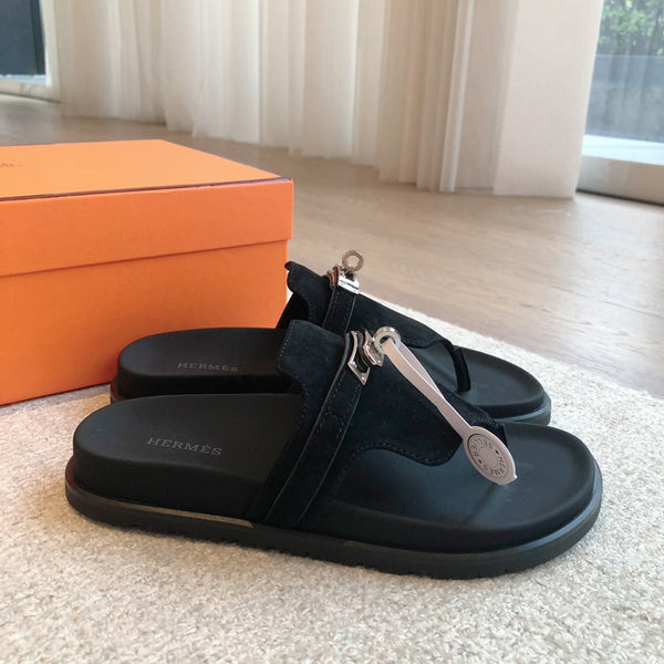 Empire Sandal Black Lambskin Suede Goatskin