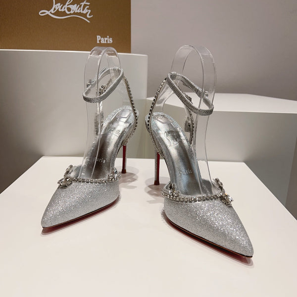 CL Marykate Queen 100MM Pumps Crystal-Embellished Glitter Silver
