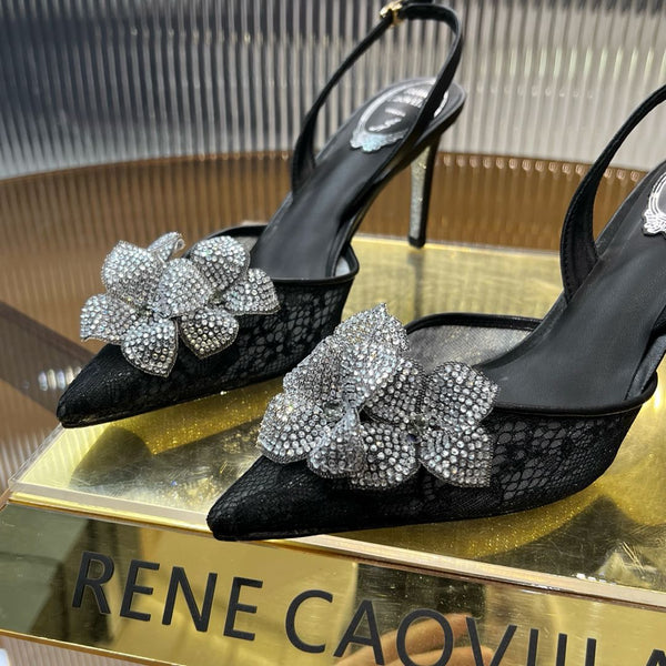 RC 25C Flower-Studded Diamond High-Heeled Sandals Black Sheepskin 174909