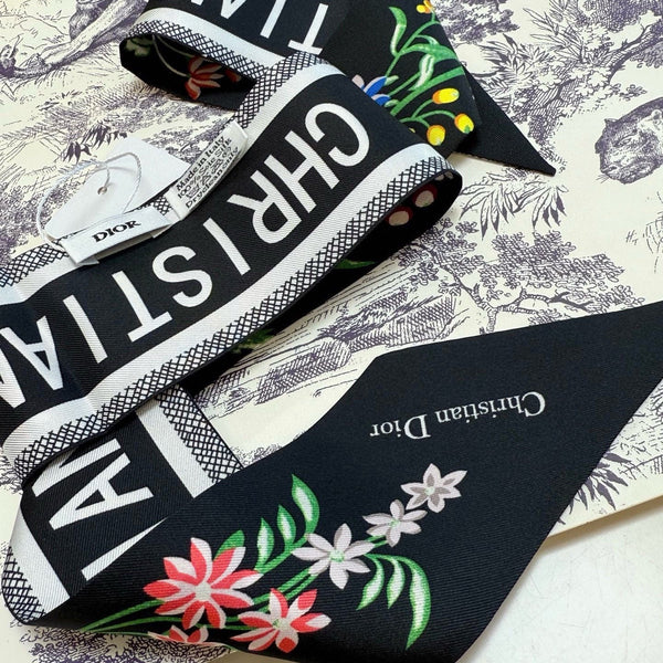 CD Twilly Mini Scarf 100cm Black Colorful Mulberry Silk 958859