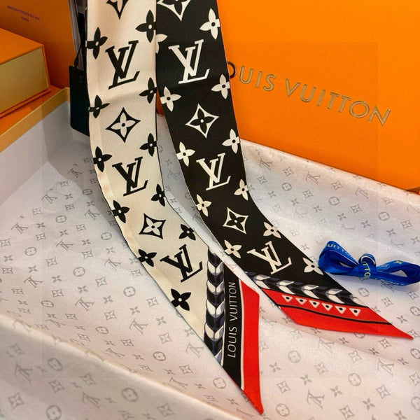 LV Twilly Mini Scarf 120 Black Beige Silk Twill 967459