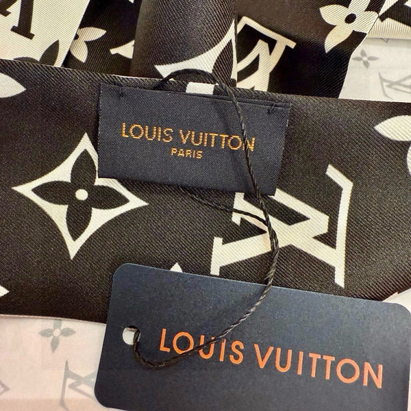 LV Twilly Mini Scarf 120 Black Beige Silk Twill 967459