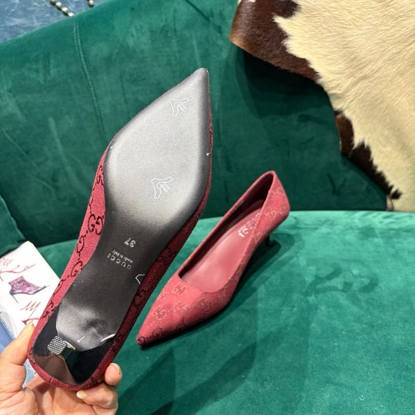 GG Pointed-Toe Slingback Rose Red Canvas 741267