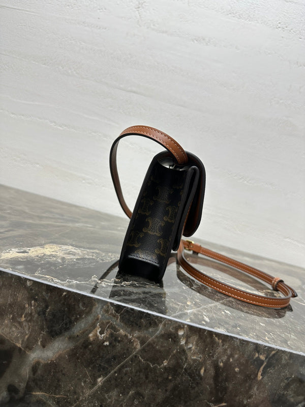 Celin Duo Wallet On Strap Triomphe Brown Black Canvas and Calfskin