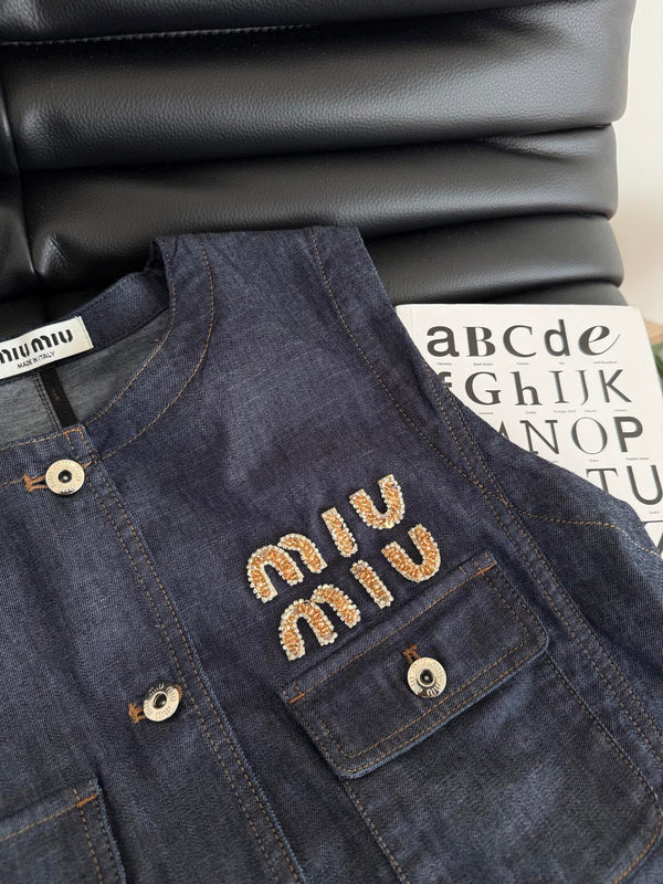 Miu Miu Beaded Letters Decorated Denim Suit Dark Blue Cotton