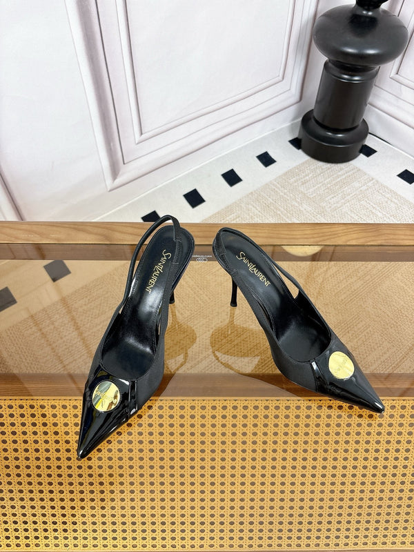 YSL Louis Slingback 10cm Black Satin Patent Leather 932063