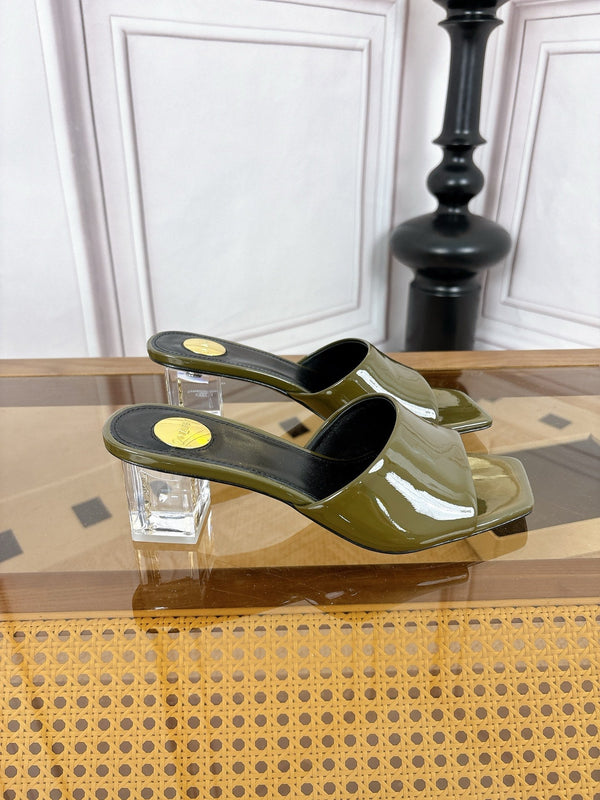 YSL High-Heeled Sandal 5.5cm Olive Patent Leather 932055