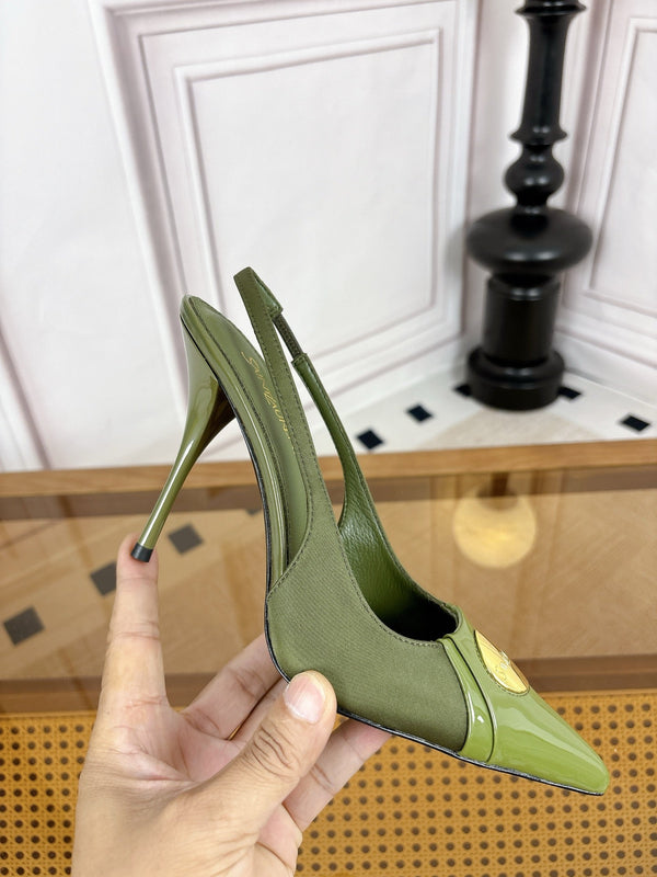 YSL Louis Slingback 10cm Olive Satin Patent Leather 932058