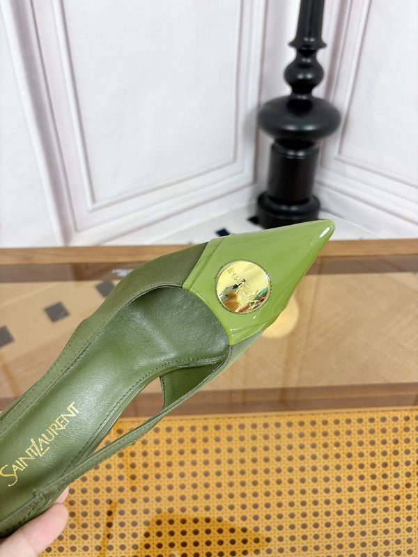 YSL Louis Slingback 10cm Olive Satin Patent Leather 932058