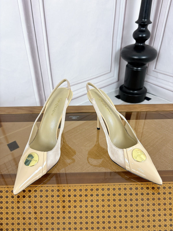 YSL Louis Slingback 10cm Beige Satin Patent Leather 932062