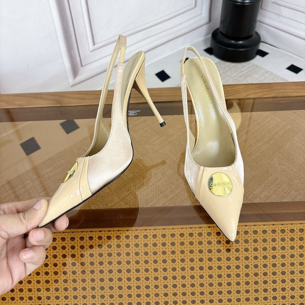 YSL Louis Slingback 10cm Beige Satin Patent Leather 932062