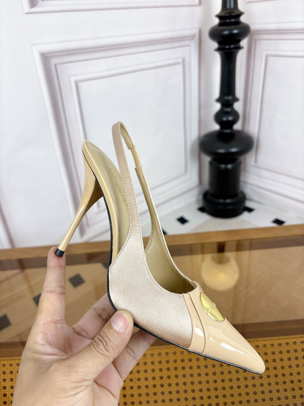YSL Louis Slingback 10cm Beige Satin Patent Leather 932062