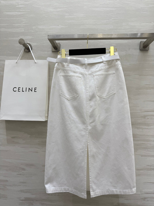 Celine 25 Denim Skirt with Logo Belt White Cotton