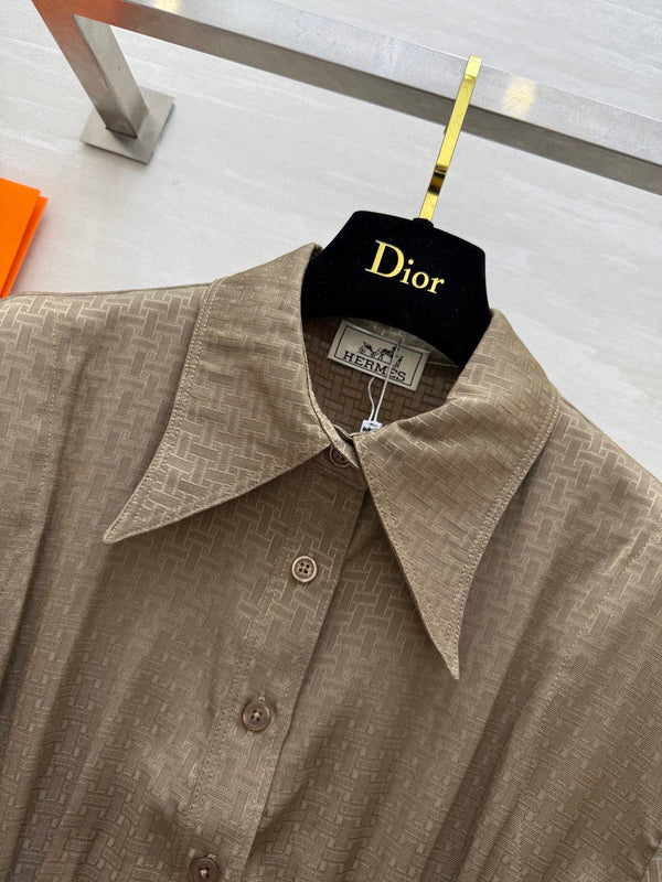 HM Jacquard Shirt with Slim Fit Taupe Silk Cotton 346526
