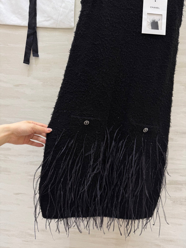 CC Ostrich Feather Rhinestone Vest Dress Black Mulberry Silk Yarn 346472