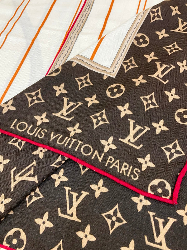 LV Double-sided Scarf 140cm Brown White Cashmere 971051