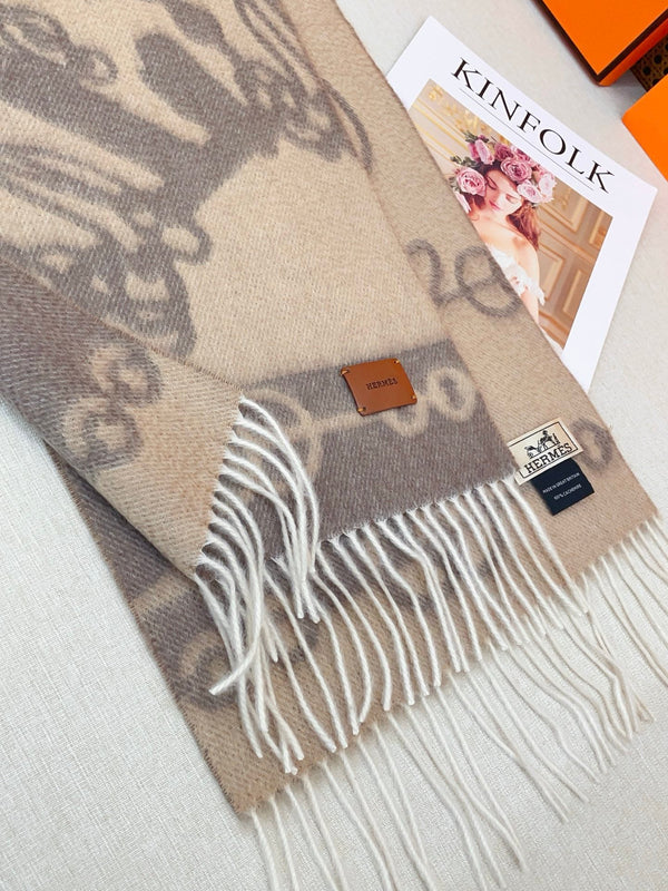 HM Casaque Mors Long Scarf Grey Beige Cashmere 139452