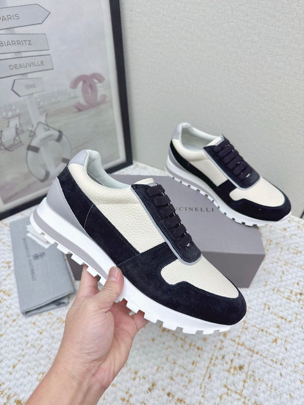 Brunello Panelled Sneakers Ivory Black Grain Leather Suede 625361