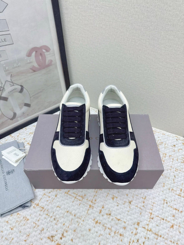 Brunello Panelled Sneakers Ivory Black Grain Leather Suede 625361