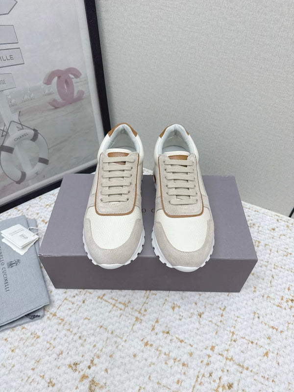 Brunello Panelled Sneakers Beige Taupe Grain Leather Suede 625367