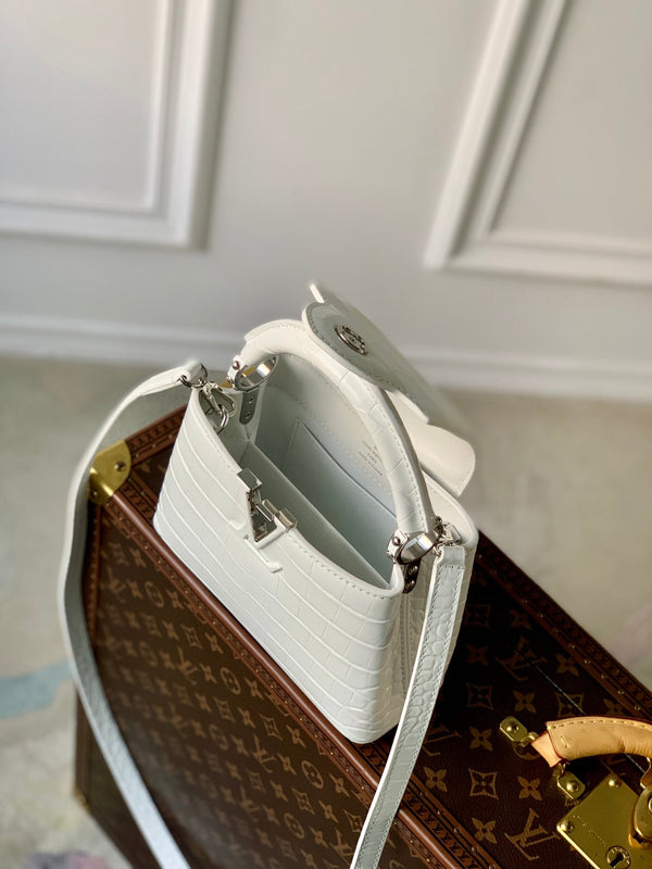 CAPUCINES MINI 21 WHITE CROCODILE EMBOSSED CALFSKIN SILVER HARDWARE