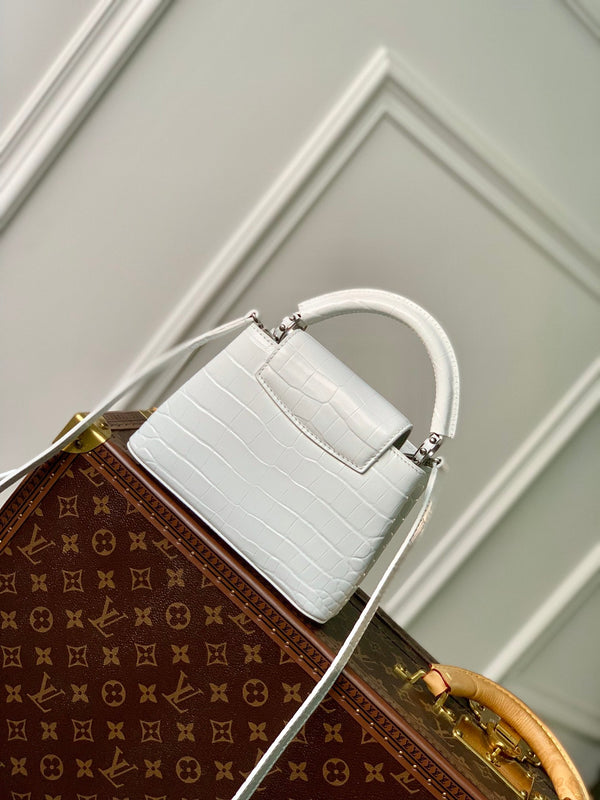 CAPUCINES MINI 21 WHITE CROCODILE EMBOSSED CALFSKIN SILVER HARDWARE