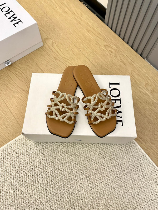 Loewe Petal Anagram Rhinestone Slides Brown Leather 723132