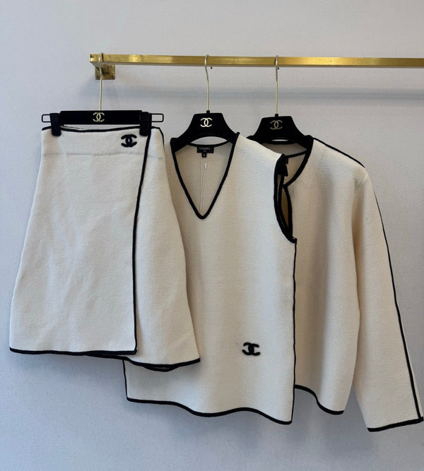 CC 2026 Contrast Trim Knit Vest Skirt and Cardigan 3-Piece Set Cotton Blend 438190