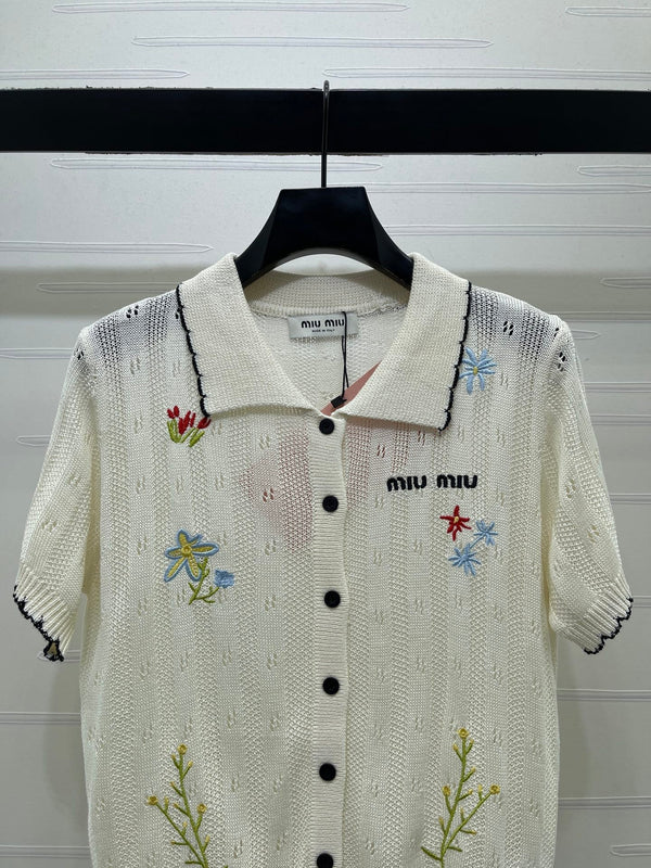 GG 26s Hollow Striped Collared Knit Short Sleeve White Wool 406537