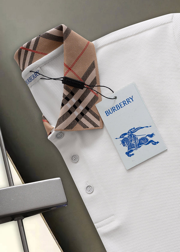 Burberry Men Check Colla Polo Shirt White Cotton