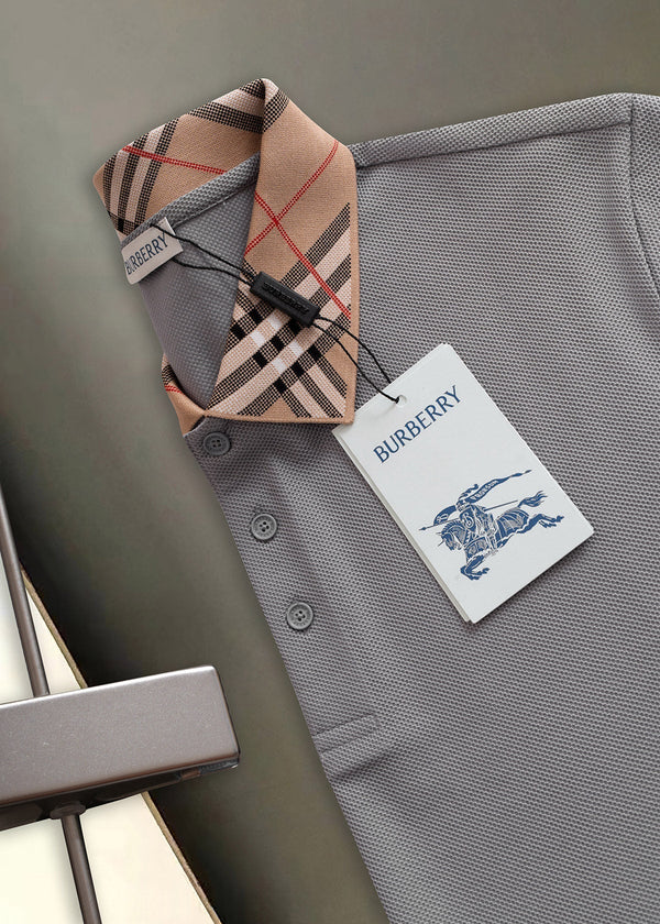 Burberry Men Check Colla Polo Shirt Grey Cotton