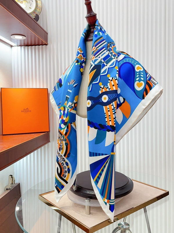 Haute Parure Scarf 90 CM In Blue Colorful Silk Twill 239535