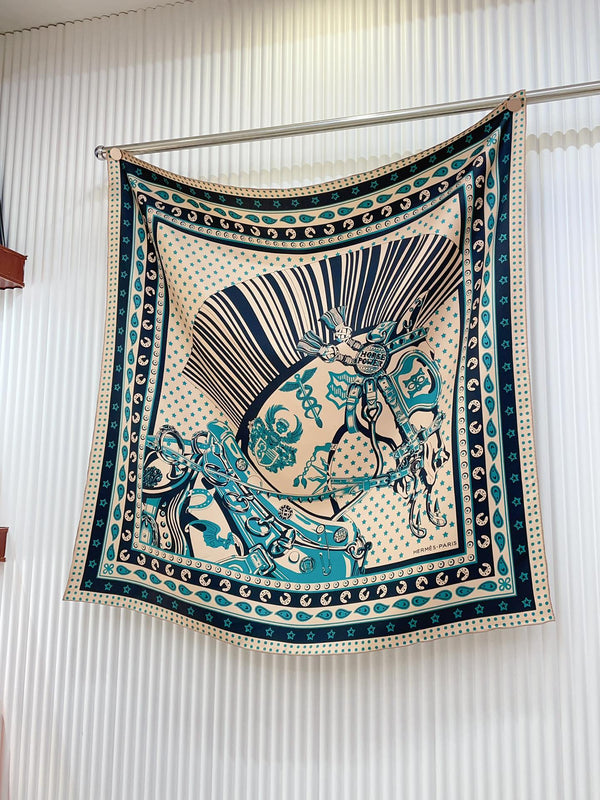 Cheval Punk Bandana Scarf 90 CM In Beige Mix Black Deep Green Silk Twill 309211