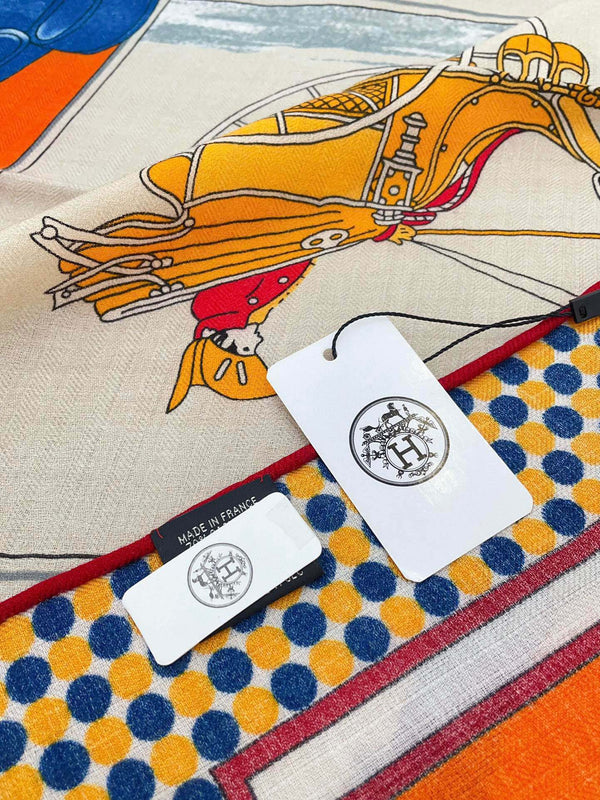 Silk Carrick a Pompe Scarf 140 CM In Orange Colorful Cashmere And Silk 381157