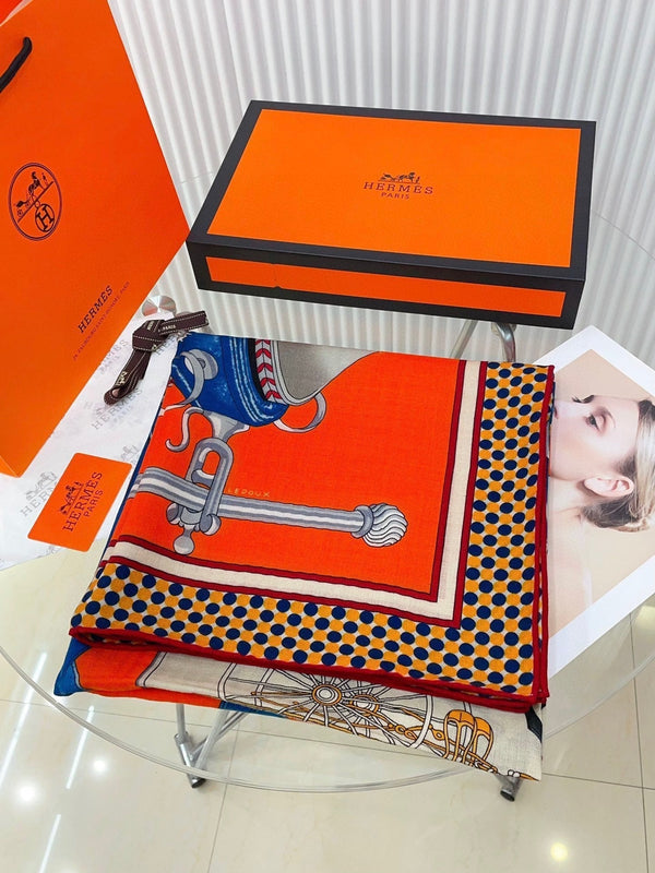 Silk Carrick a Pompe Scarf 140 CM In Orange Colorful Cashmere And Silk 381157