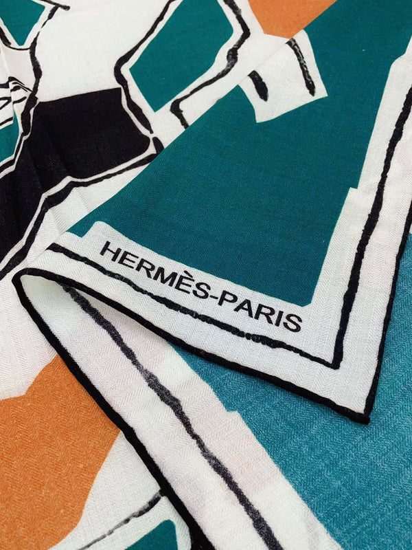 Choregraphie Equestre Scarf 140 CM Teal Blue Colorful Cashmere And Silk 393171