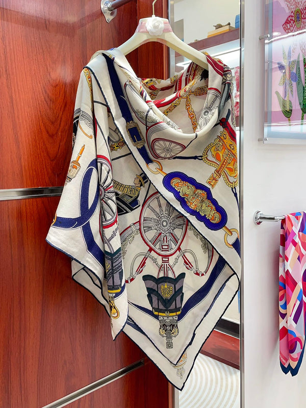 Stately Wheels Scarf 140 CM White Colorful Cashmere And Silk 394588