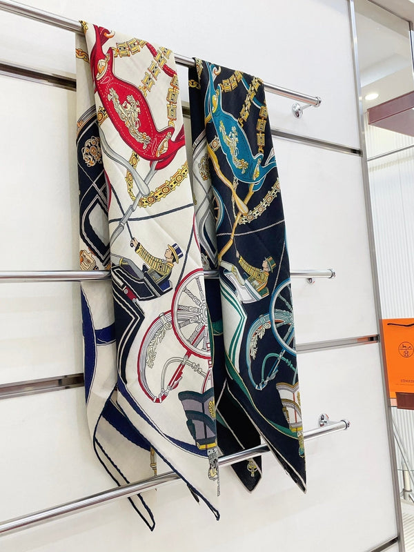 Stately Wheels Scarf 140 CM Black Colorful Cashmere And Silk 394589