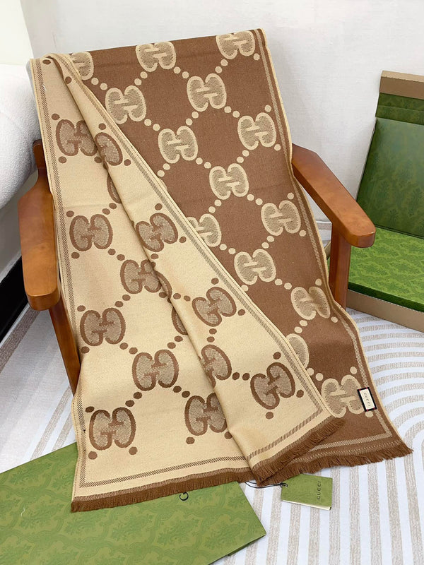 DOUBLE-SIDED SCARF 200 CM IN COFFEE AND TAN BROWN WOOL AND SILK 398287